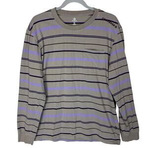 Converse Shirt‎ Men's Large Gray Purple Striped Cotton Logo Long Sleeve Pullover